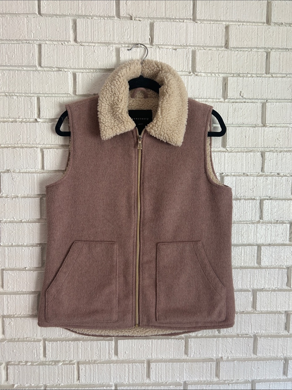 Sanctuary Plush Sherpa Zip Jacket in Cream and Dusty Pink - Picture 1 of 6